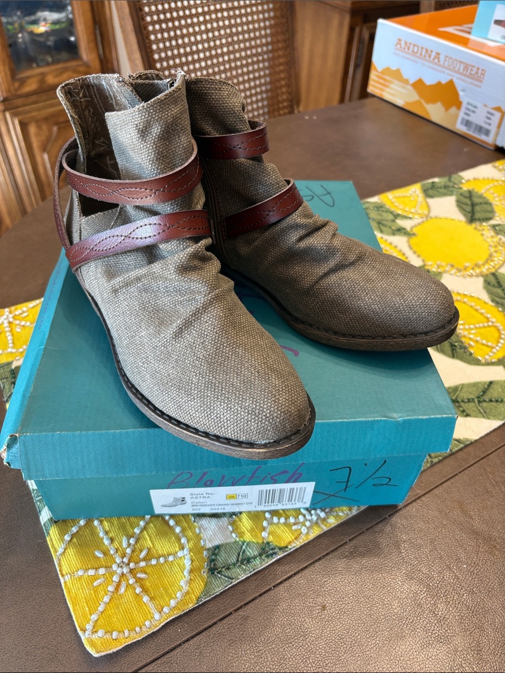 Blowfish khaki canvas ankle boots with brown straps